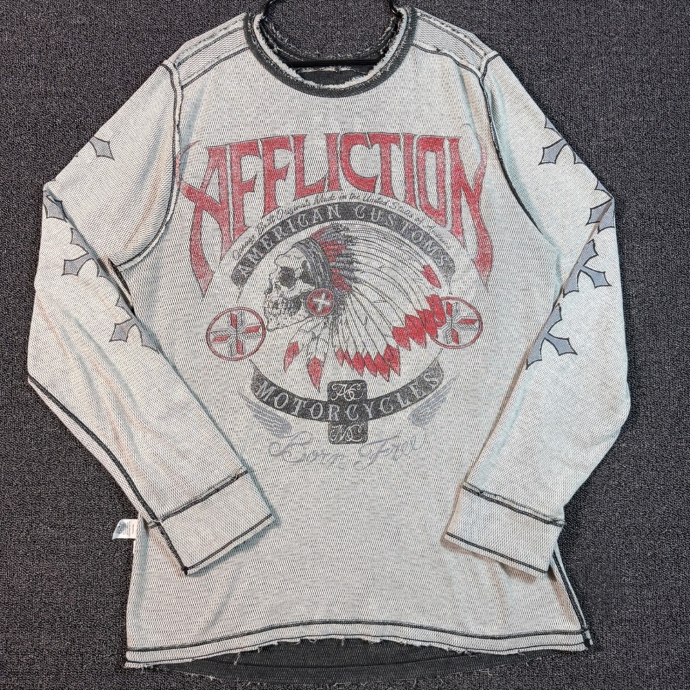 Affliction Reversible Thermal Long Sleeve Shirt Men's XL Y2K Skull Graphic Biker